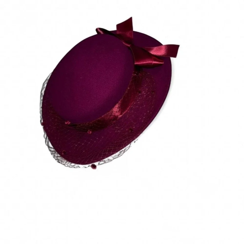 Vintage Ladies‎ Hat Fuscia w/Bow & Netting Wool